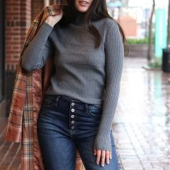 Charlotte Avery NEW ARRIVALS Charcoal Colored Cashmere Blend Fitted Ribbed Turtleneck