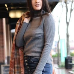 Charlotte Avery NEW ARRIVALS Charcoal Colored Cashmere Blend Fitted Ribbed Turtleneck