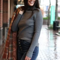 Charlotte Avery NEW ARRIVALS Charcoal Colored Cashmere Blend Fitted Ribbed Turtleneck