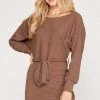 She And Sky Mocha Colored Long Dolman Sleeve Ribbed Dress