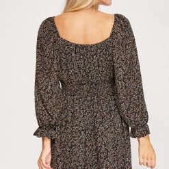 She And Sky NEW ARRIVALS Black And Floral 3/4 Sleeve Woven Print Dress