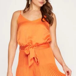 She And Sky NEW ARRIVALS Orange Colored Satin Cami Romper With Pleated Shorts
