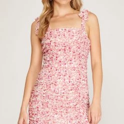 She And Sky Pink And White Floral Print Ruched Dress NEW ARRIVALS