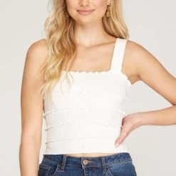 She And Sky NEW ARRIVALS Off White Colored Seamed Rib Knit Crop Top