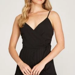 She And Sky NEW ARRIVALS Black Sleeveless Woven Pleated Romper