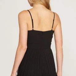 She And Sky NEW ARRIVALS Black Sleeveless Woven Pleated Romper