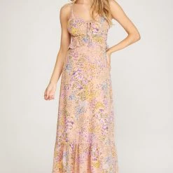 She And Sky NEW ARRIVALS Peach And Floral Sleeveless Maxi Dress