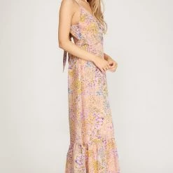 She And Sky NEW ARRIVALS Peach And Floral Sleeveless Maxi Dress