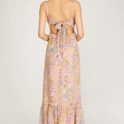 She And Sky NEW ARRIVALS Peach And Floral Sleeveless Maxi Dress