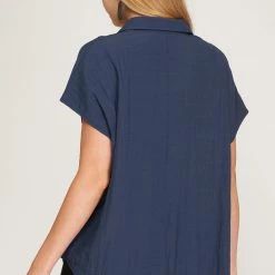 She And Sky Navy Blue Drop Shoulder Woven Button Down Top