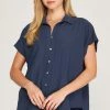 She And Sky Navy Blue Drop Shoulder Woven Button Down Top