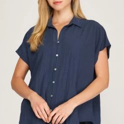 She And Sky Navy Blue Drop Shoulder Woven Button Down Top