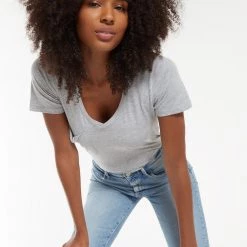 Z Supply NEW ARRIVALS Heather Grey Colored Low V-Neck Pocket Tee