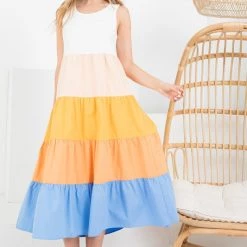 THML White Colorblocked Tiered Maxi Dress
