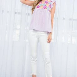 THML Lilac Colored Multi Design Embroidered Textured Top
