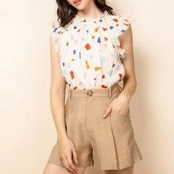 THML Cream And Multi Color Design Flutter Sleeve Top