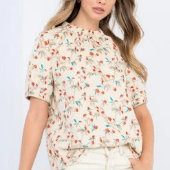 THML Cream And Floral Short Sleeve Print Top TOPS