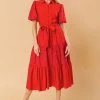 Jealous Tomato Red Eyelet Sleeve Detail Tiered Shirt Dress