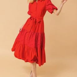 Jealous Tomato Red Eyelet Sleeve Detail Tiered Shirt Dress