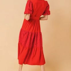 Jealous Tomato Red Eyelet Sleeve Detail Tiered Shirt Dress