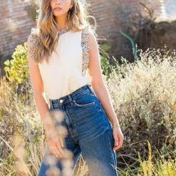 THML Cream And Cheetah Print Ruffle Sleeve Top