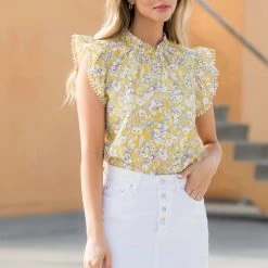 THML NEW ARRIVALS Yellow Flower Print Flutter Sleeve Top