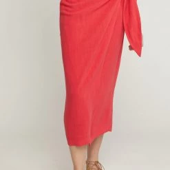 Entro Solid Red Sarong Midi Skirt
