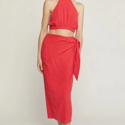 Entro Solid Red Sarong Midi Skirt