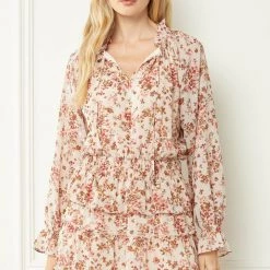 Entro Natrual And Floral Print V Neck Long Sleeve Tiered Dress CLEARANCE