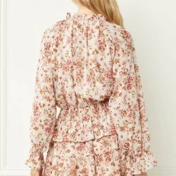 Entro Natrual And Floral Print V Neck Long Sleeve Tiered Dress CLEARANCE