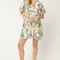 Entr Green Combo Floral V Neck Tiered Dress