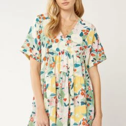Entr Green Combo Floral V Neck Tiered Dress