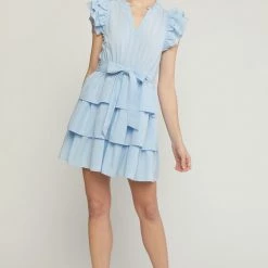 Entro Baby Blue V Neck Ruffle Sleeve Dress NEW ARRIVALS