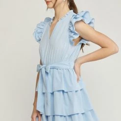 Entro Baby Blue V Neck Ruffle Sleeve Dress NEW ARRIVALS