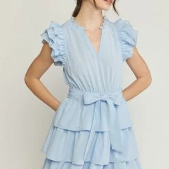 Entro Baby Blue V Neck Ruffle Sleeve Dress NEW ARRIVALS
