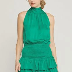 Entro Solid Green High Neck Sleeveless Mini Dress NEW ARRIVALS