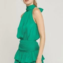 Entro Solid Green High Neck Sleeveless Mini Dress NEW ARRIVALS