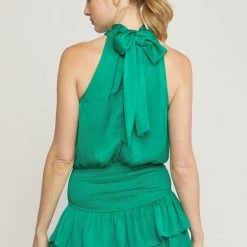 Entro Solid Green High Neck Sleeveless Mini Dress NEW ARRIVALS