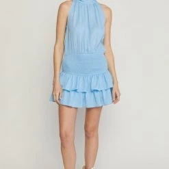 Entro Solid Blue High Neck Sleeveless Mini Dress NEW ARRIVALS