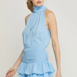 Entro Solid Blue High Neck Sleeveless Mini Dress NEW ARRIVALS