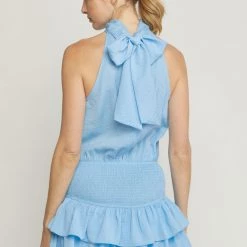 Entro Solid Blue High Neck Sleeveless Mini Dress NEW ARRIVALS
