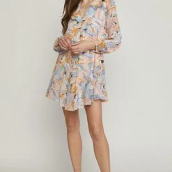 Entro Peach And Blue Printed Floral V Neck Long Sleeve Dress NEW ARRIVALS