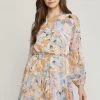 Entro Peach And Blue Printed Floral V Neck Long Sleeve Dress NEW ARRIVALS