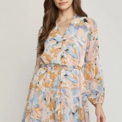 Entro Peach And Blue Printed Floral V Neck Long Sleeve Dress NEW ARRIVALS