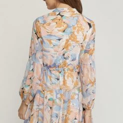 Entro Peach And Blue Printed Floral V Neck Long Sleeve Dress NEW ARRIVALS