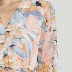 Entro Peach And Blue Printed Floral V Neck Long Sleeve Dress NEW ARRIVALS