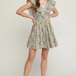 Entro NEW ARRIVALS Blue And Floral Multi Print V Neck Mini Dress