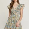 Entro NEW ARRIVALS Blue And Floral Multi Print V Neck Mini Dress