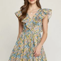 Entro NEW ARRIVALS Blue And Floral Multi Print V Neck Mini Dress