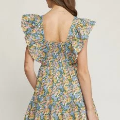 Entro NEW ARRIVALS Blue And Floral Multi Print V Neck Mini Dress